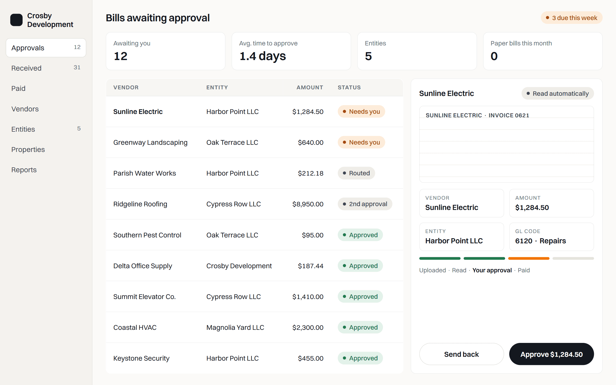 Bill-approval screen built for Crosby Development, shown with sample data